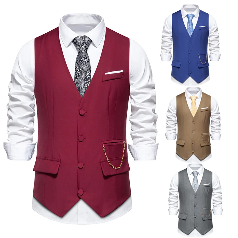 

Men Suit Vest Chain Waistcoat Business Wedding Casual V Neck Collar Men's Dress Male Blazer Vests Formal Party Fashion Vest V13
