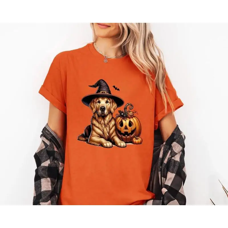 

Распродажа, футболка с тыквой на Хэллоуин «Золотистый ретривер ведьмы»