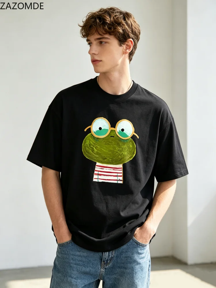 ZAZOMDE  Minimalist  Painted Frog Pattern T-shirt Unisex Oversized Cotton Short Sleeve Cute Animal Print Casual Daily Tops