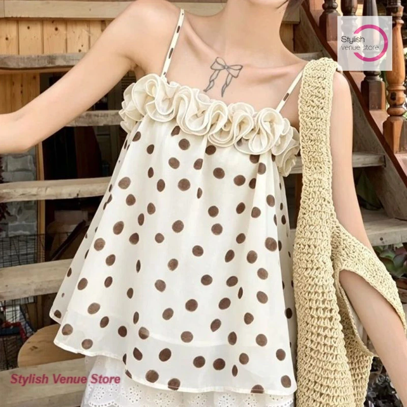 Korean sweet holiday wind contrast color polka-dot suspender women's summer new design sense three-dimensional ruffled top