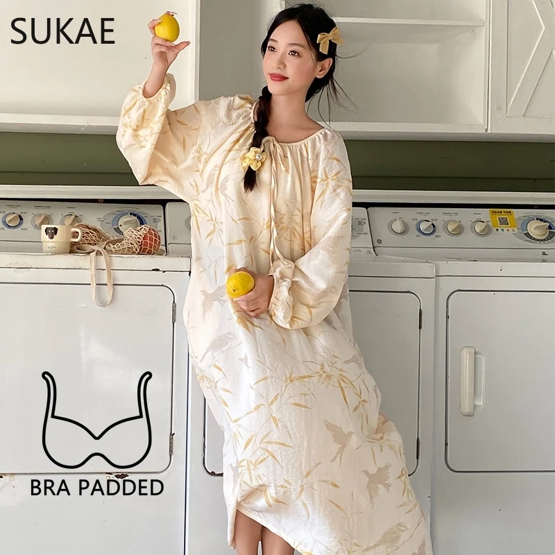 SUKAE Cotton Nightgowns for Women Autumn New Elegant Nightwear Stylish Sleepshirt Lady Long Gowns Fashion Casual Chic Girl Dress