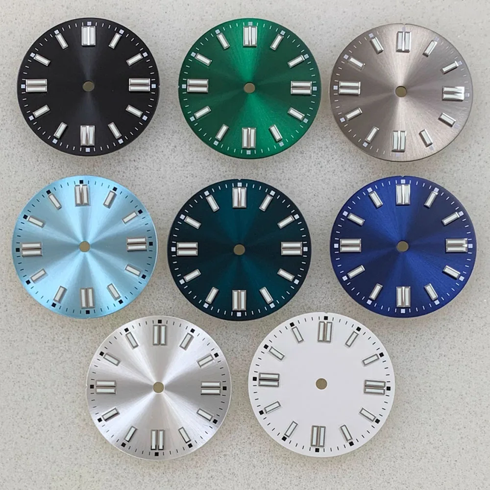 28.5mm NH35 Dial, Green Luminous Watch Dial for NH35/ETA2836/8215/Mingzhu 2813 Movement No Calendar Watch Face 3 o'clock