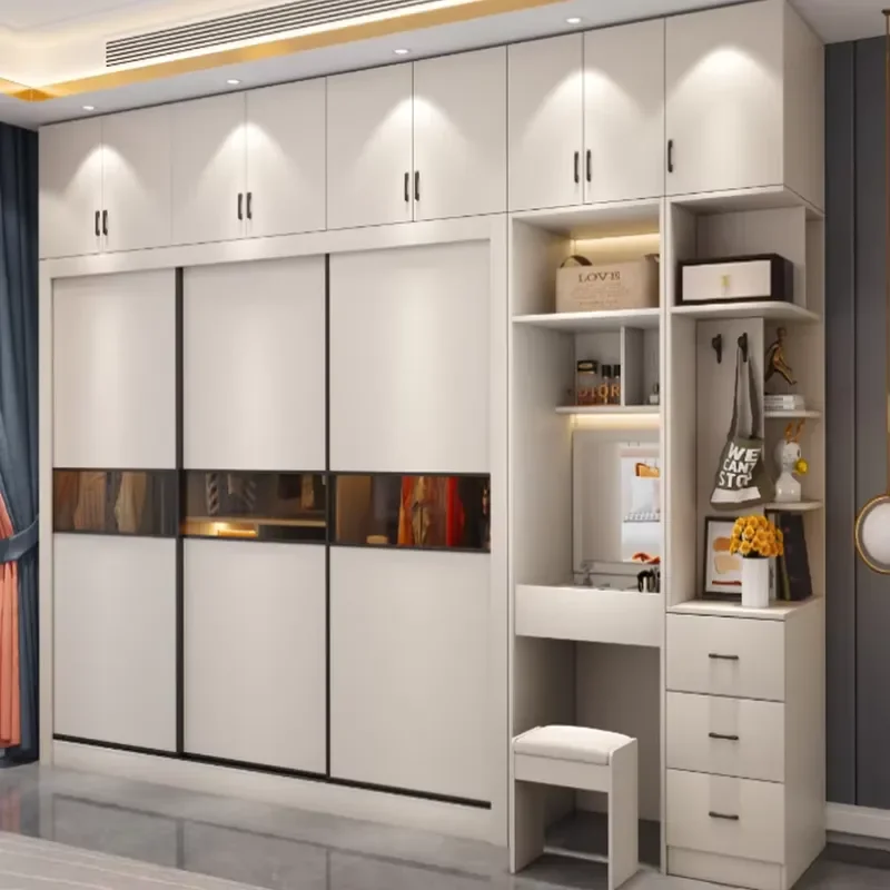 Space Saving Modern Minimalist Design with Expandable Sliding Cream Colored Wardrobe for Small Apartment Bedrooms