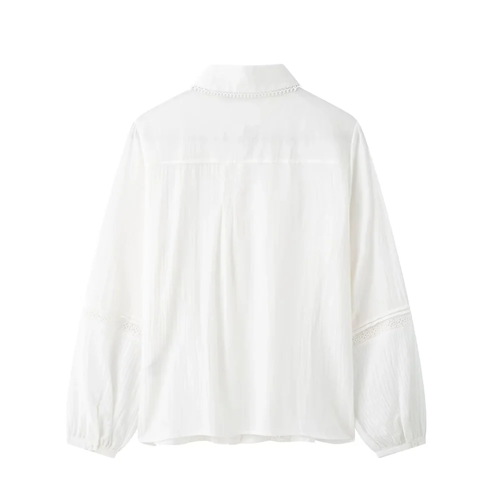 2025 RARA Women's Crisp - Collar Long - sleeve Blouse in White with Delicate Lace Detailing for a Feminine Touch