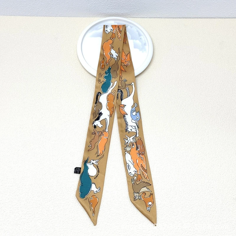 90x5cm Animal Print Streamer Women's Spring Summer Imitation Silk Scarf Rabbit and Horse Print Headband Tied Packaging Ribbon