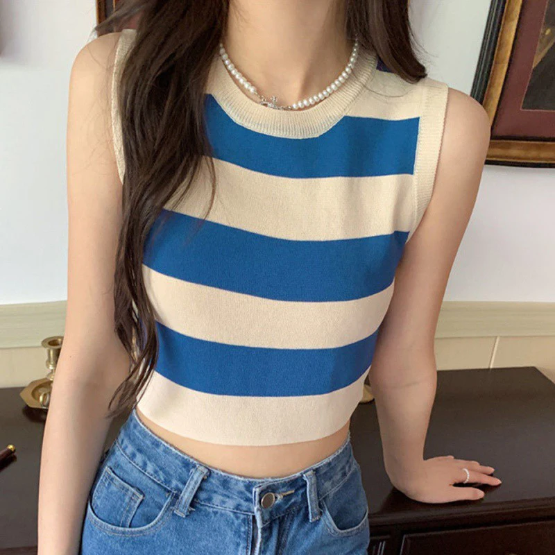 

Summer Fashion Striped Knitted Vest Women Vintage O-Neck Sleeveless Crop Tops