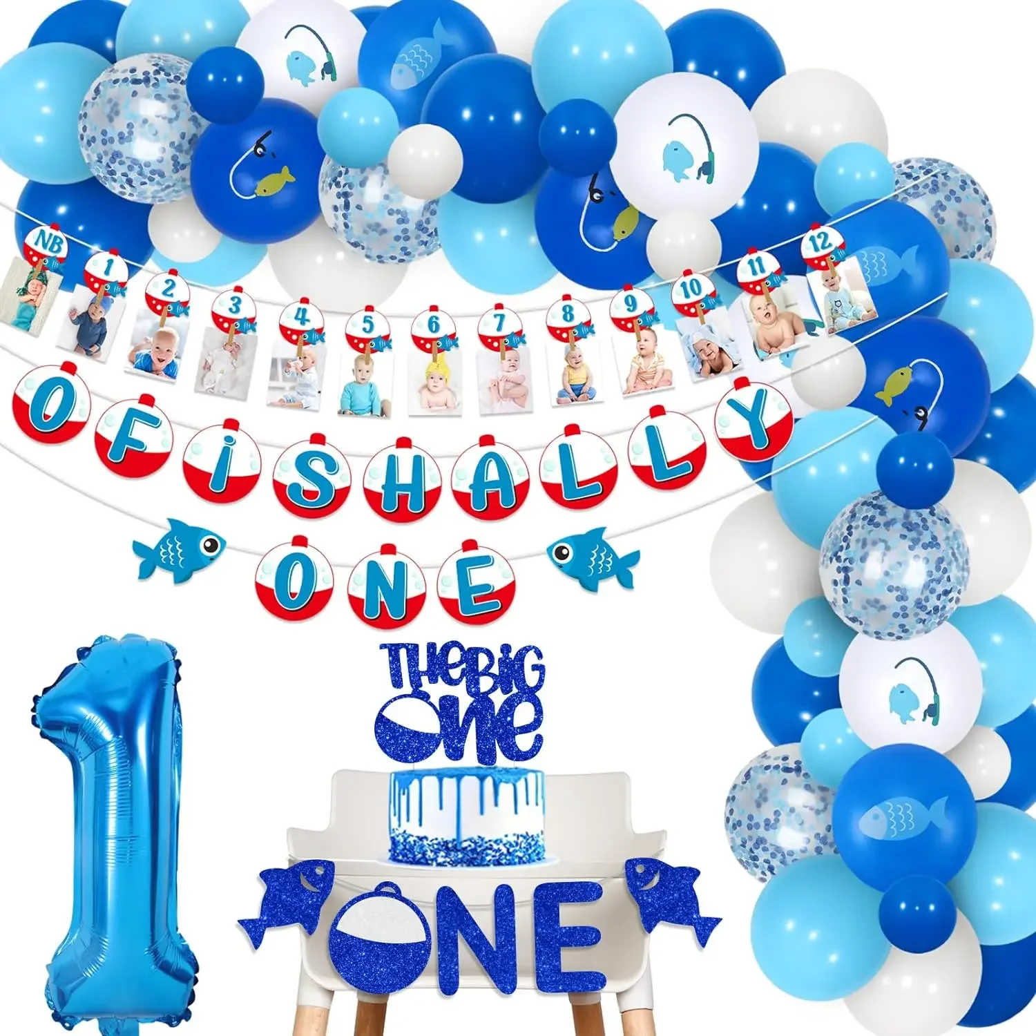 O Fishally One First Birthday Decor, Balloons Arch Photo Banner The Big One Cake Topper for Gone Fishing 1st Birthday