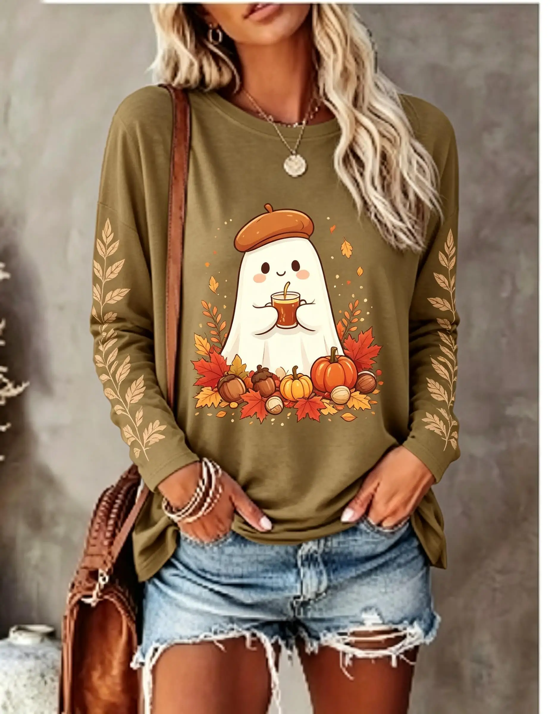 Women's Long Sleeve T-shirt Cute Christmas Ghost Gingerbread Man Coffee Print Crew Neck Casual Top view 3