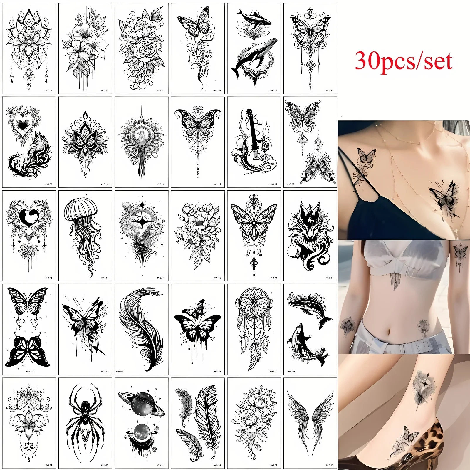 

30pcs/set Women Transfer Tattoos Black Line Feather Butterfly Spiders Universe Flowers Temporary Tattoo for Men Women Body Leg