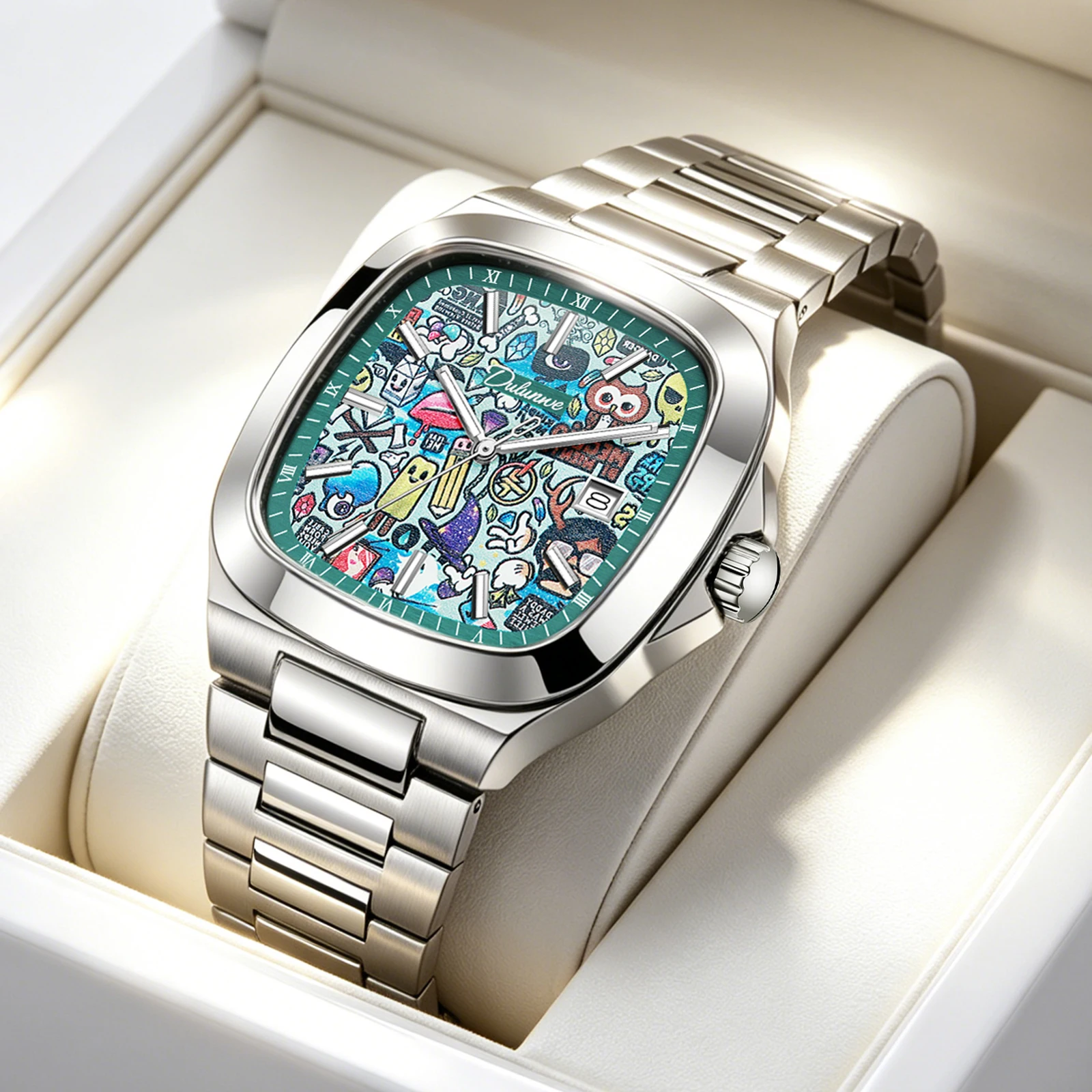 Dulunwe Men's Automatic Watches Self-Winding Mechanical Movement Fashion Hip Hop Graffiti Dial Youth Wrist Watch