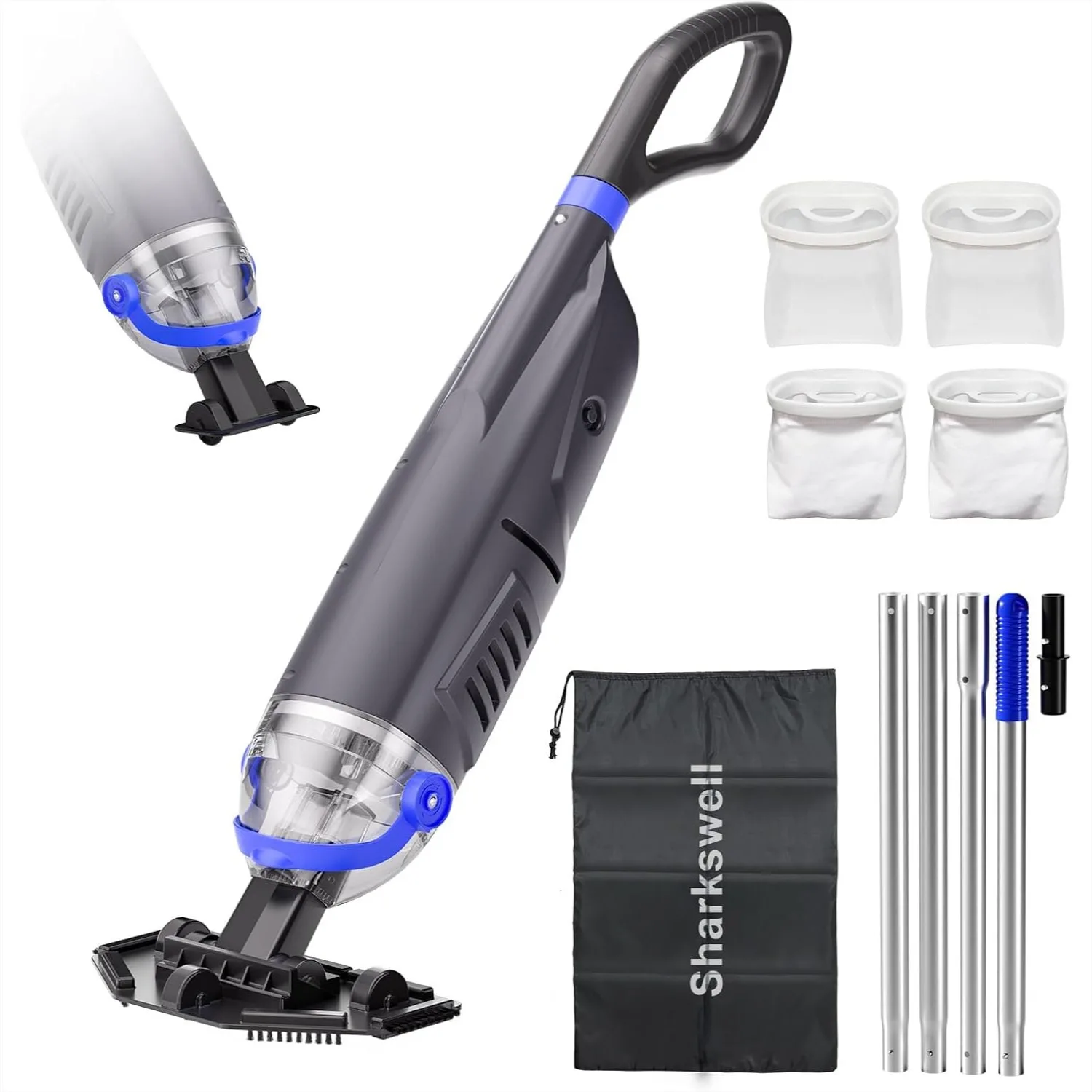 Cordless Pool Vacuum with Telescopic Pole, 60 Min Suction & Large Head, Rechargeable Handheld Cleaner for Inground Above Ground