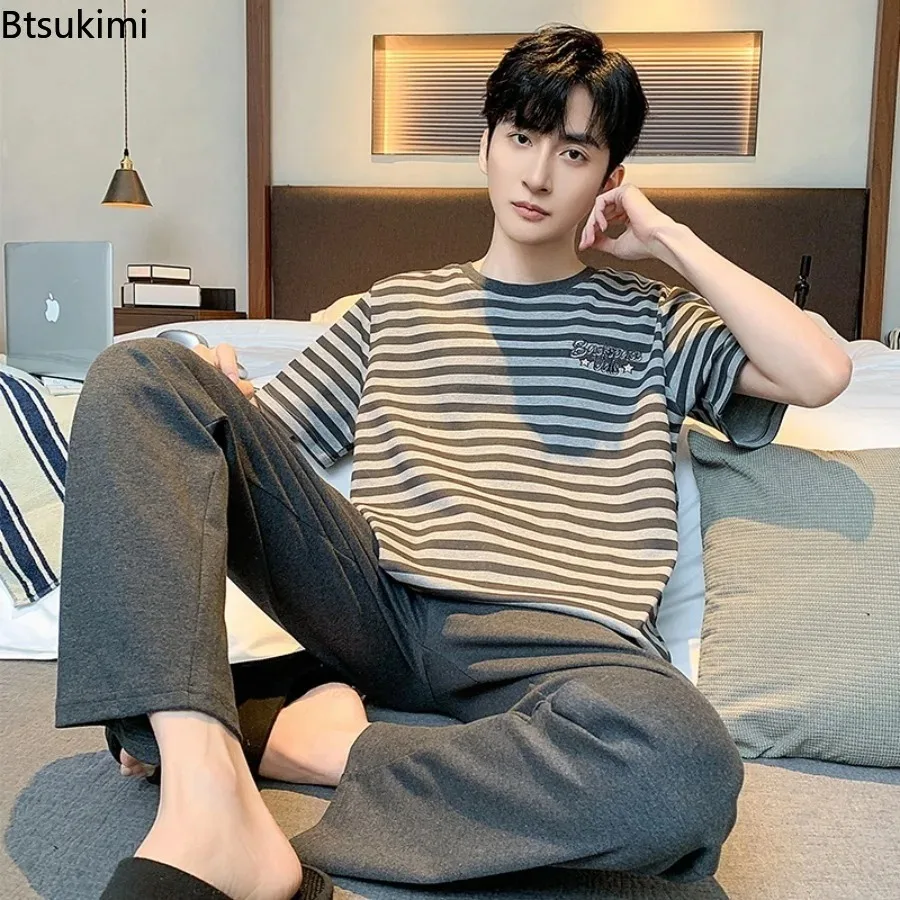 

Hot Sale New Men's Casual Simple Sleepwear Suits Fashion Striped Patchwork Short-sleeve Tops+Pants Homewear Two-pieces Men Sets