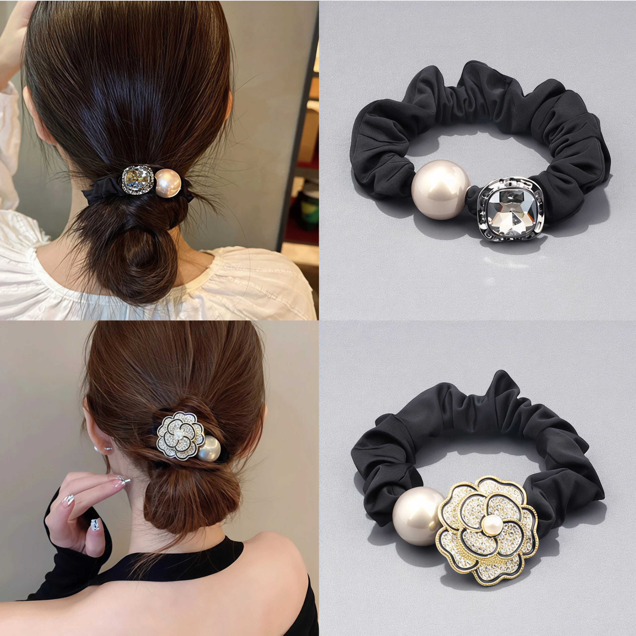 

High-End Elegant Pearl and Rhinestone Hair Tie Simple New Style Square Elastic Hair Band for Ponytail Bun Hair Rope Accessories