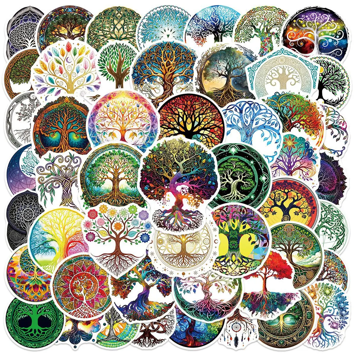 50 PCS Dreamy Tree Of Life Graffiti Stickers Retro Nordic Pattern Totem Tree Non Repeated Decals Student Game Stickers