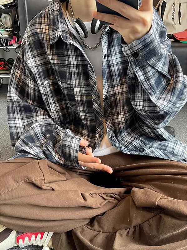 

Retro Plaid Long Sve irt Loose Fit Collared Casual Sle for Men Spring Autumn Seasonal Cheered Pattern Couple's Sle