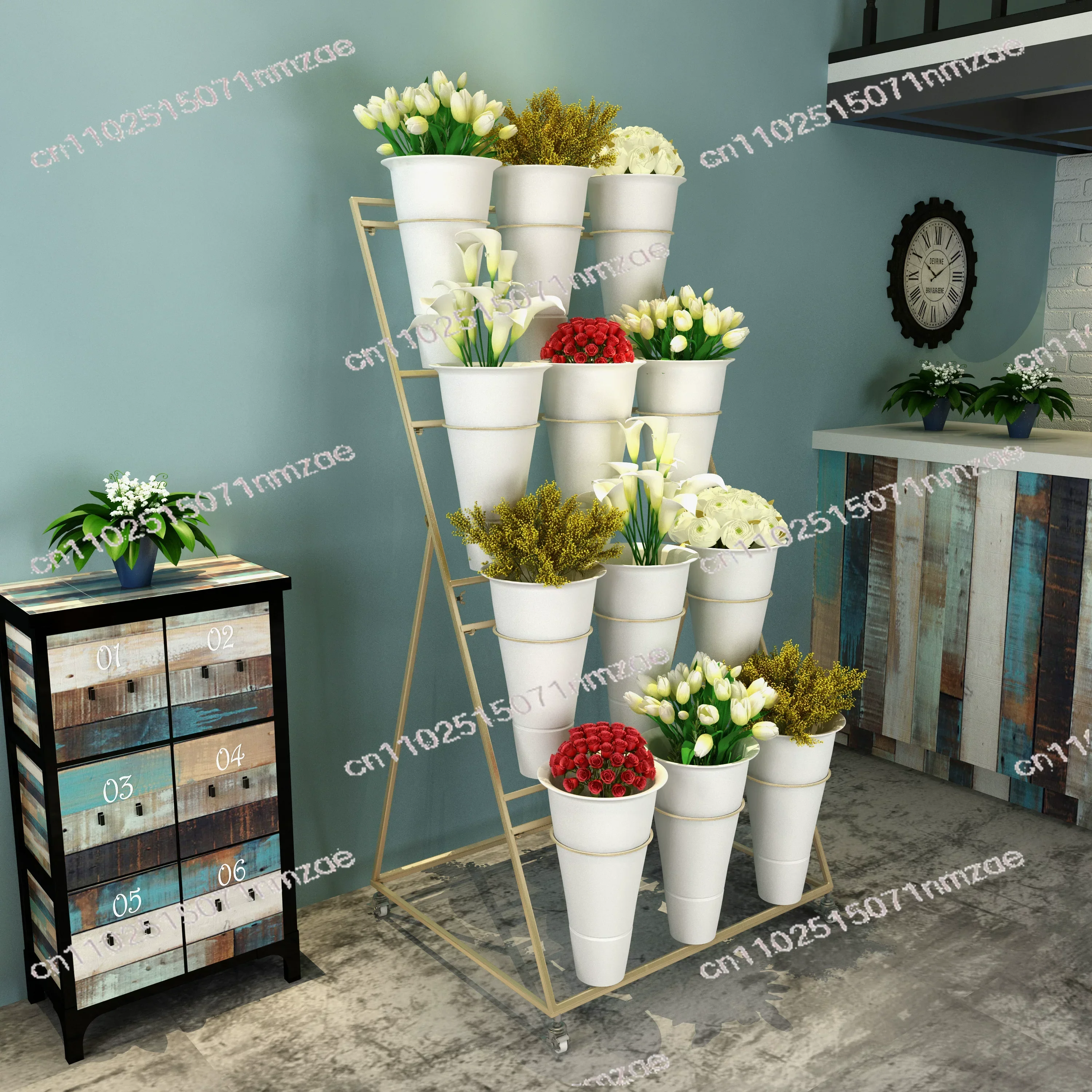 Multi-tier Removable Flower Display Rack Iron Storage Stand With Plastic Bucket For Shop Wedding Decor