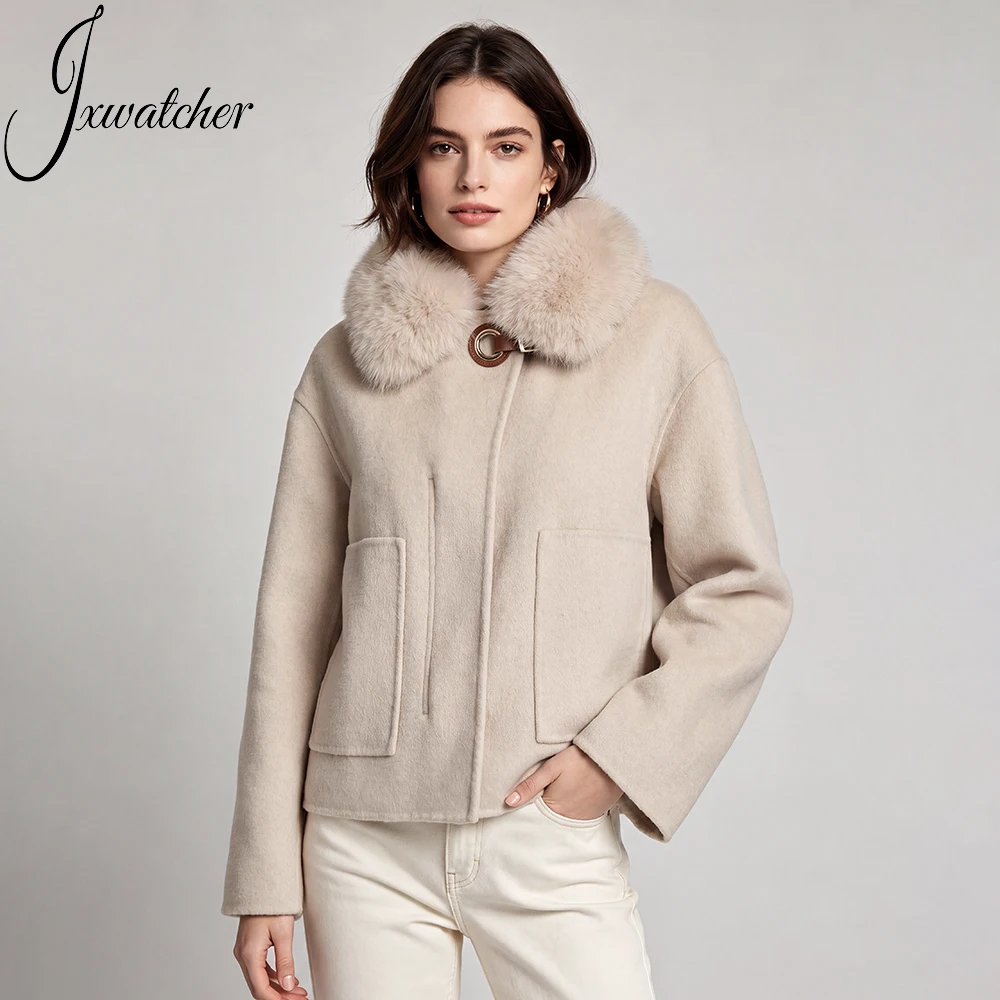 Jxwatcher 2026 Winter Coat Female High Quality Cashmere Wool Jacket with Real Fox Fur Collar Lady Fashion Coats Fall New Arrival