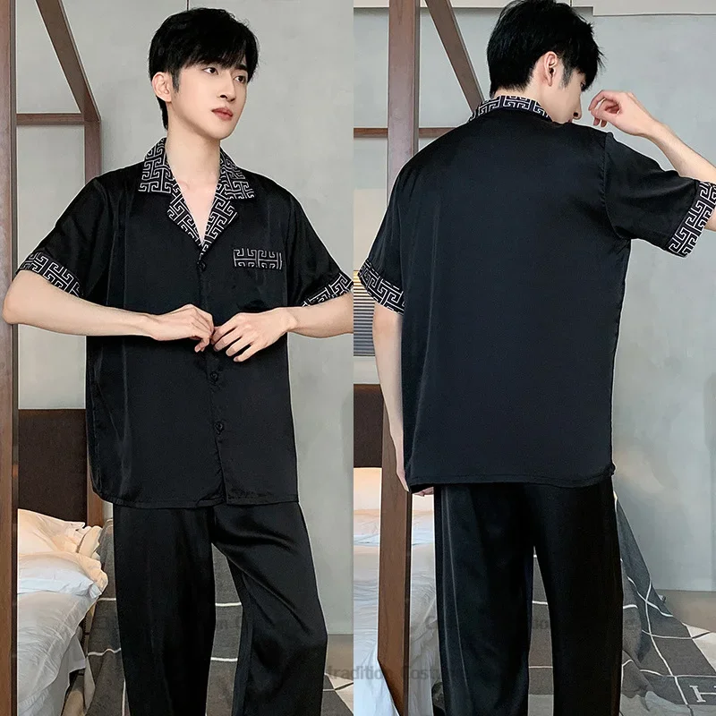 Black Long Sleeve Pajamas Set 2Pcs Nightwear Male Satin Trousers Suit Top&pants Loose Print Loungewear Sleepwear Homewear