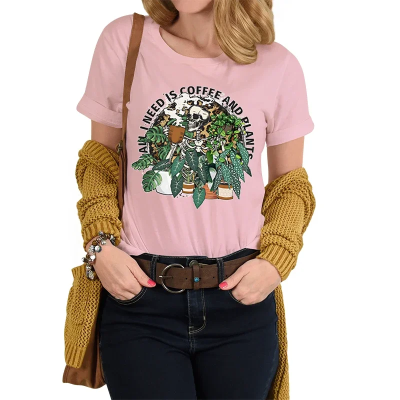 Skeleton Plant Lover T-shirt Female All I Need Is Coffee and Plants Graphic T Shirts Women Skull Leopard Plant Essential T-shirt