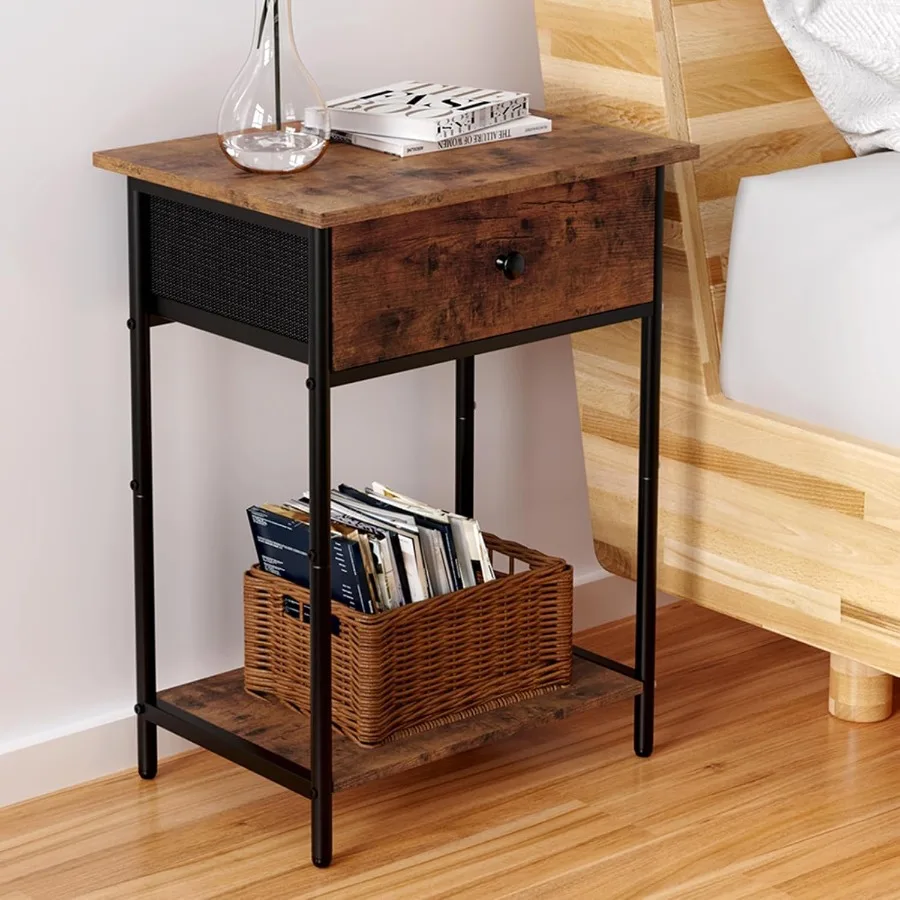 

Night Stand Narrow Side Table with Fabric DrawerSmall Bedside Table for Small Spaces Easy Assembly 2 Tiers Nightstand Rustic En