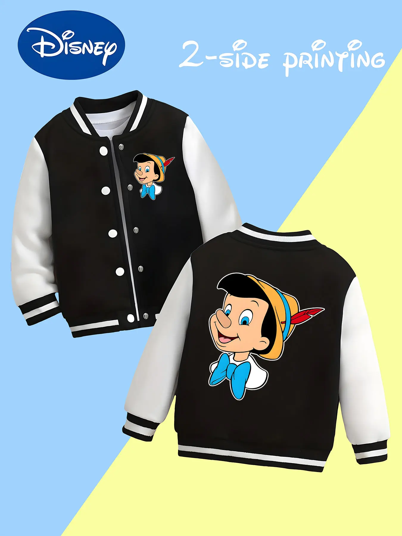 

MINISO Disney Pinocchio Boys' Baseball Jacket - Double-sided Pinocchio print, soft fabric, perfect for school, casual wear