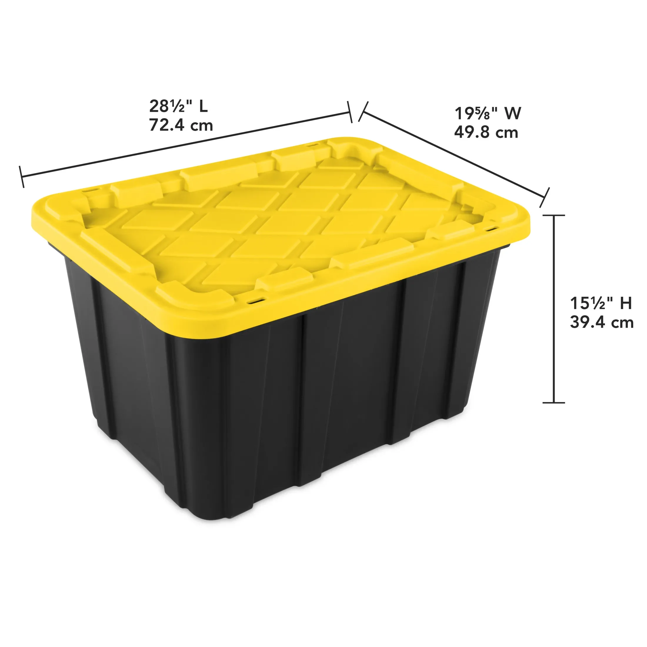 Large Storage Bin, 27 Gallon Durable Plastic Storage Tote with Snap-On Lid, Black and Yellow, 6 Pack