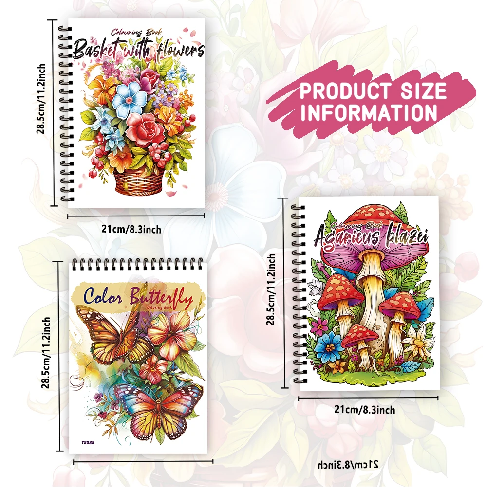 3pcs Women Coloring Book Set, Butterfly Mushroom Flower Patterns, 30 Pages Spiral Bound, Stress Relief Relaxation Gift Choice