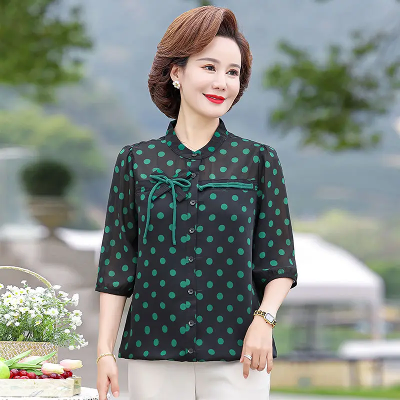 Элегантная летняя одежда для мам, шифоновая блузка с длинным рукавом, свободный модный женский топ среднего возраста