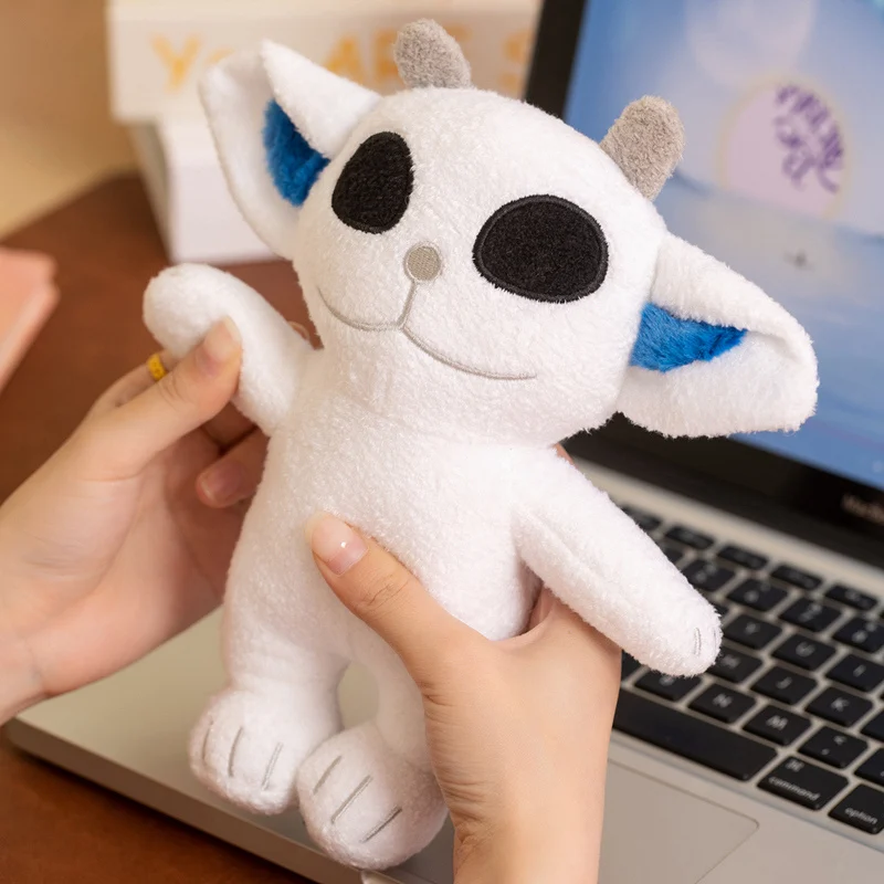 White Cat Stuffed Animal Upright Sitting Pose Soft Plush Figure Blue Inner Ears for Shelf Nightstand Workspace Desk Decor Accent