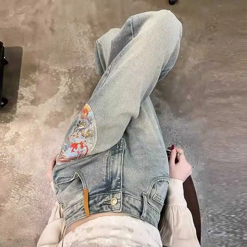 

Новые китайские джинсы в национальном стиле с вышивкой и высокой талией, тонкие прямые джинсовые джинсы для женщин, скрытые свободные тонкие широкие брюки L...