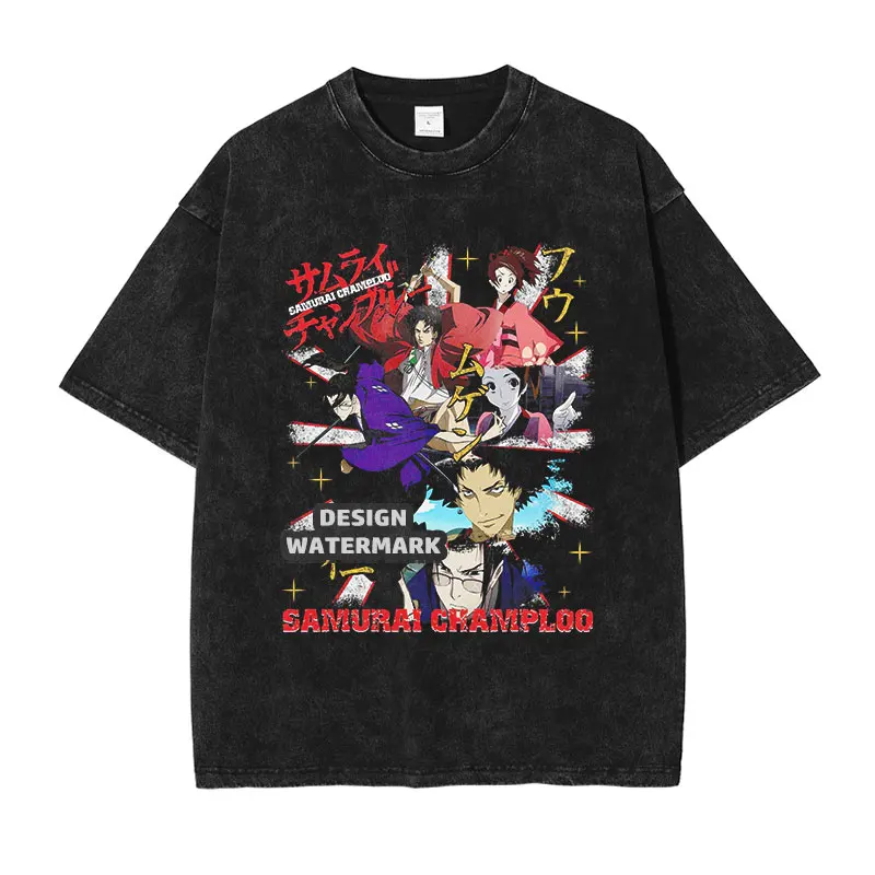 Samurai Champloo T Shirt Anime Mugen Jin Kasumi Fuu Tank Tops Vintage Washed Top Tees Harajuku Short Sleeve Oversized T-shirt