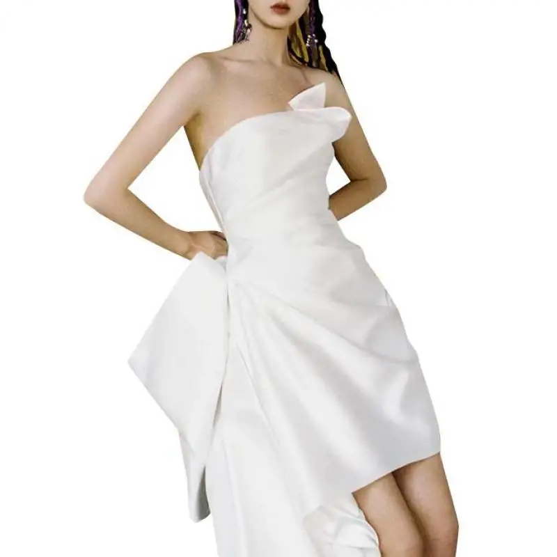 Fashion Short Wedding Dresses With Sweet Big Bow Sexy Strapless Backless Vestidos De Novia New Satin Simple Robe De Marie