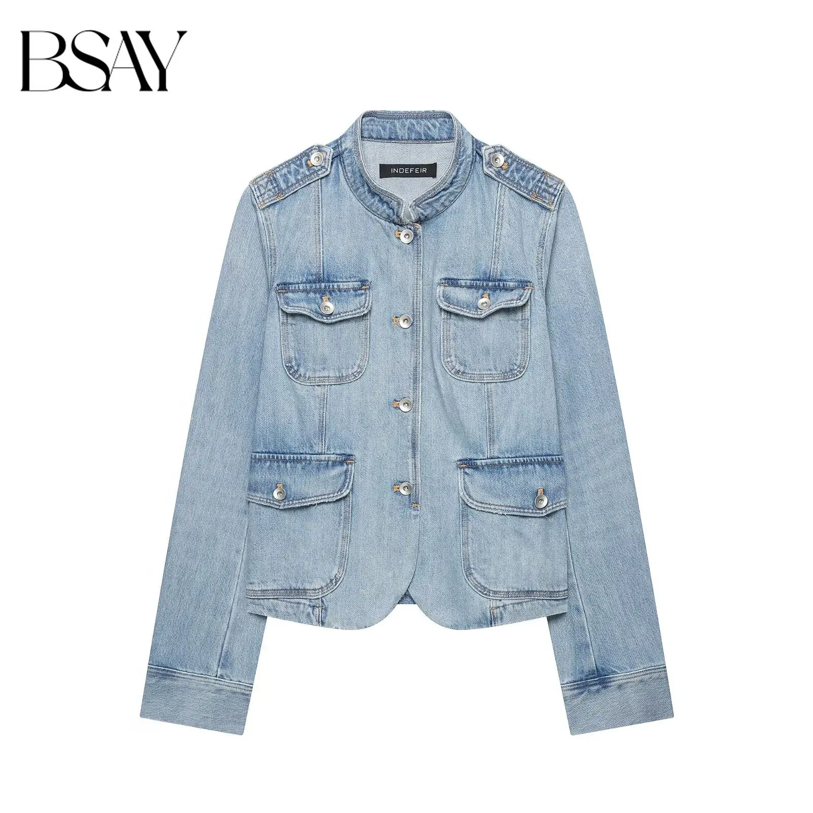 BSAY Women Stand Collar Denim Jacket Multi Flap Pockets Decor Shoulder Epaulet Design Long Sleeve Cropped Casual Denim Outerwear