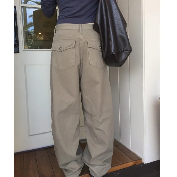 

Retro Pocket Casual Loose Work Pants Long Wide Leg Jeans High Waist Straight Leg Cotton Denim All Season Ladies Fashion