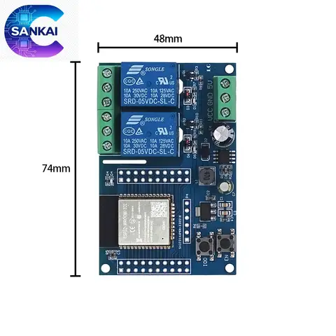 2-Ch ESP32-WROOM WiFi Relay Module, 5-60V Power, ESP32-WROOM-32E, IoT Smart Home