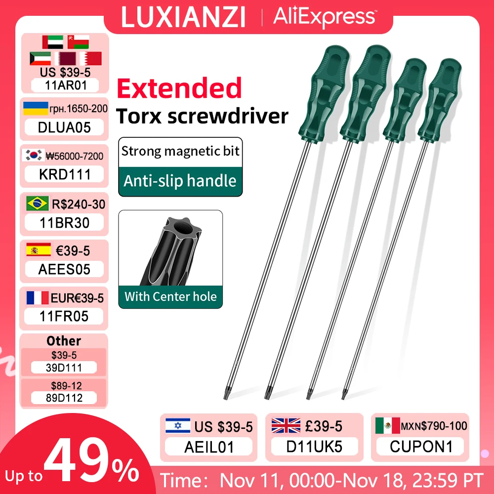 Luxianzi-chave de Fenda Torx com Furo Bits Magnéticos Extra Longos Parafuso Reparação Doméstica Ferramentas Manuais T15 T20 T25 T30 400 mm Peça