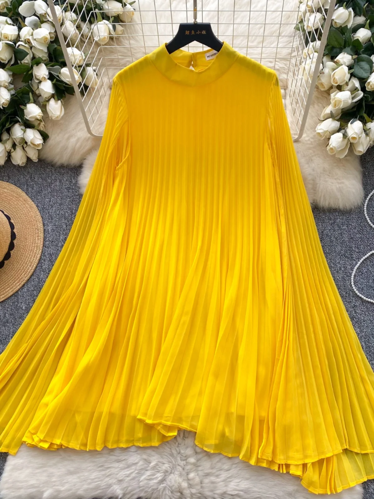 Printemps femmes ample pour Dr avec cloche Sves plissé minceur conception taille haute a-ligne longue Dr coréen Sle trajet