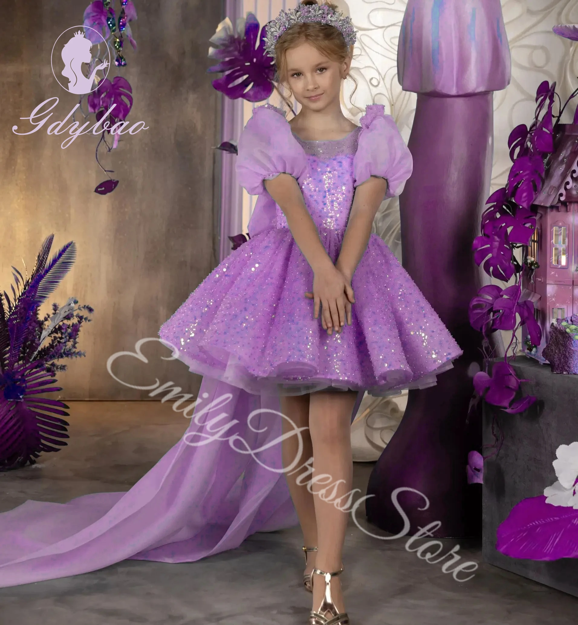 Shiny Pink Purple Flower Girl Dress For Wedding Puffy Tulle Sequins With Big Bow Pageant Baby Kids Birthday Dress Ball Gown