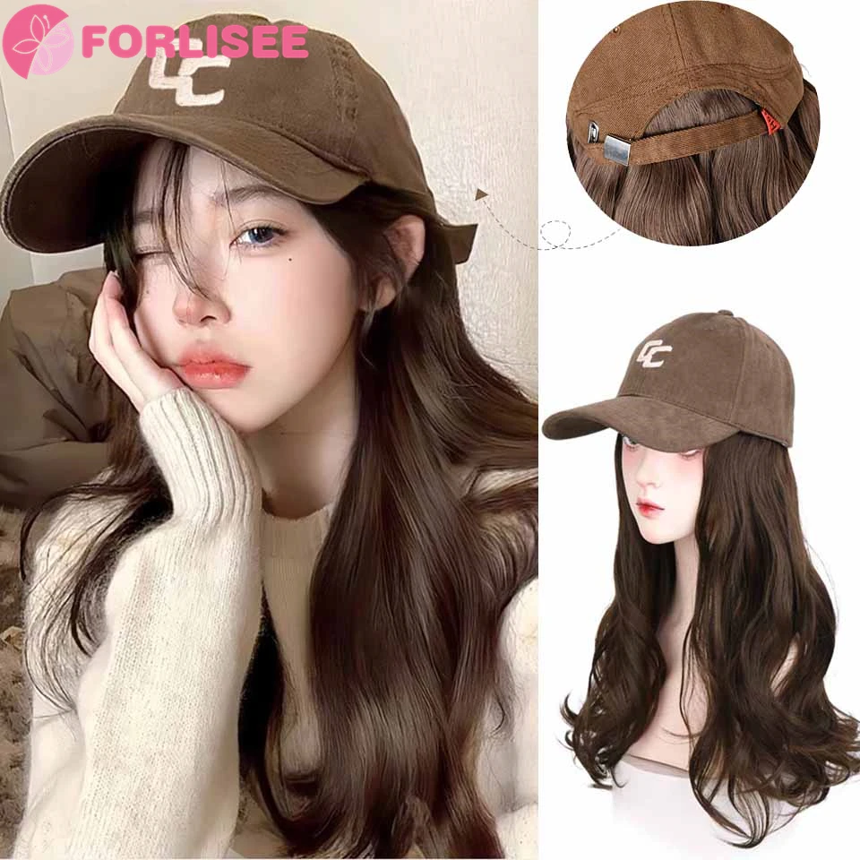 FORLISEE Synthetic Duck Tongue Hat Wig Women's Long Curly Hair Natural Simulation Hair New Edition Hat Brim Plus Large Wig