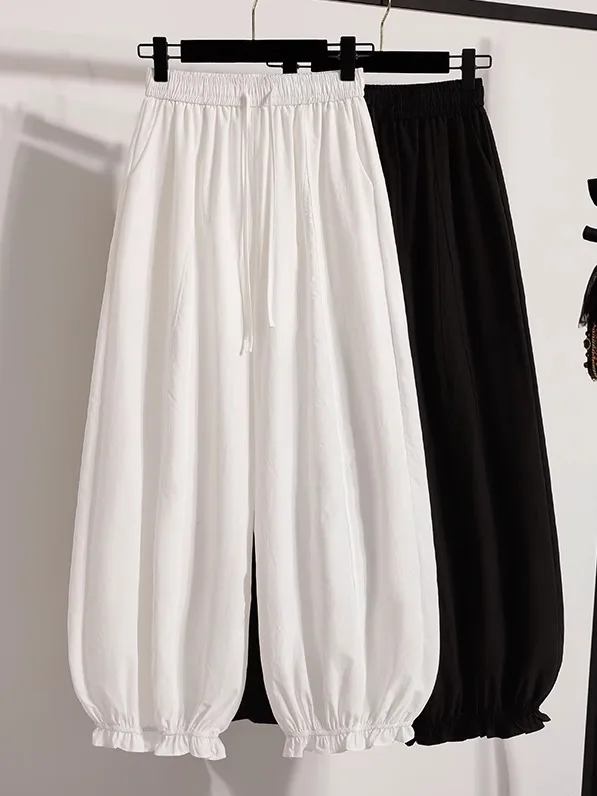 กางเกงขายาวผ้าไหมน้ำแข็งลายดอกไม้ทรงหลวมสบายๆ สำหรับผู้หญิงไซส์ใหญ่ รุ่นใหม่ประจำฤดูร้อนปี 2025