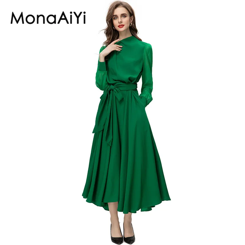 

MonaAiYi New Fashion Designer Green Dress Women's Skew Collar Translucent Lantern Sleeve Solid Color Office Lady Pleated Dress