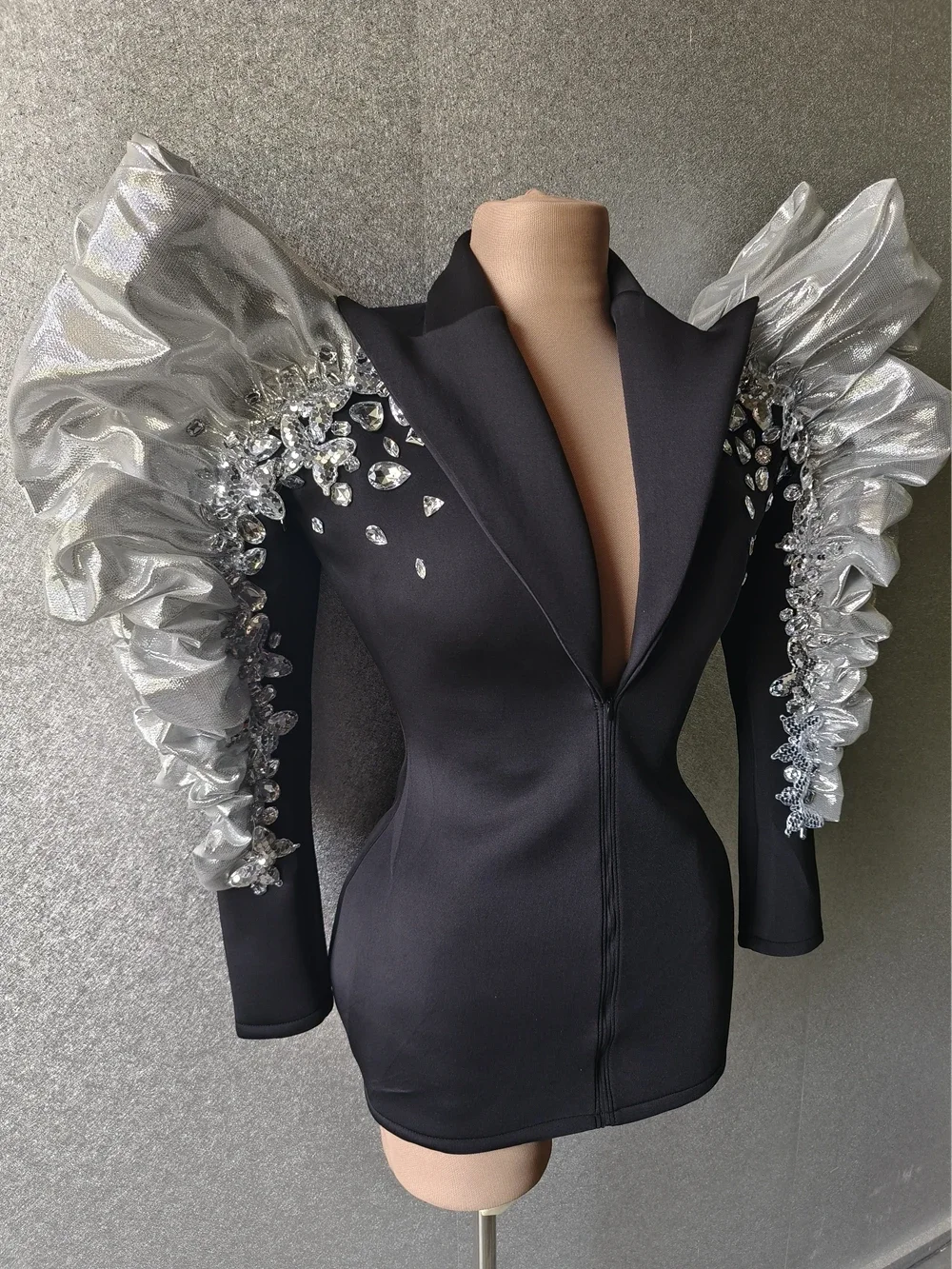 Черная куртка с блестками и стразами, большими рукавами, сексуальная певица, танцовщица, ночной клуб, джазовый танцевальный костюм, сценическая одежда для выступлений
