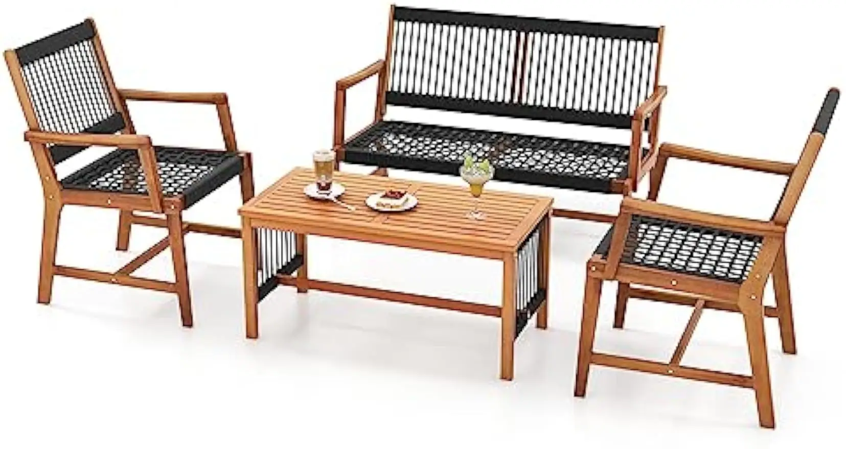 

4 Pieces Patio Furniture Set Acacia Wood Conversation Set with Hand-Woven Rope Design, Ergonomic Loveseat & Single Chairs