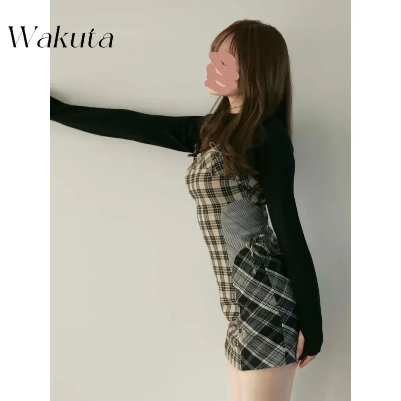 WAKUTA 일본 니치 레트로 격자 무늬 스플라이싱 투피스 원피스, 긴팔 웨이스트 패키지, 힙 스커트, 여성 의류