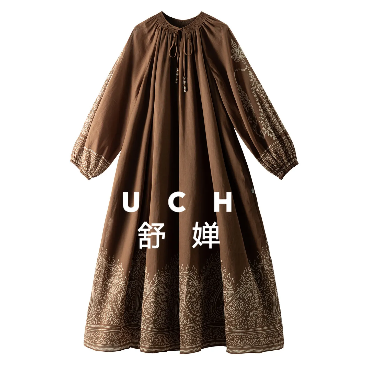 

Summer Dress Premium Warm Brown, Paisley Printing, Elegant A Pendulum Cotton + Ramie Dress Women 23G5