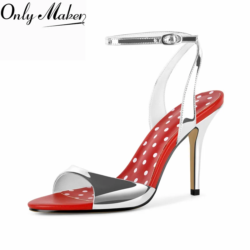 Onlymaker  Open Round Toe Silver Upper Red Insole Polka Dot Sandals 10CM Stiletto Heel Ankle Strap Buckle Party Prom Dress Shoes