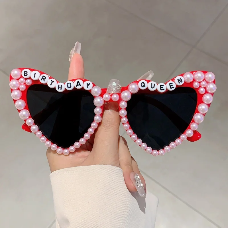 KAMMPT Birthday Queen Letters Pink Shades Heart Shaped Decor Present Glasses White Pearl Party Gift Props Frame for Ladies