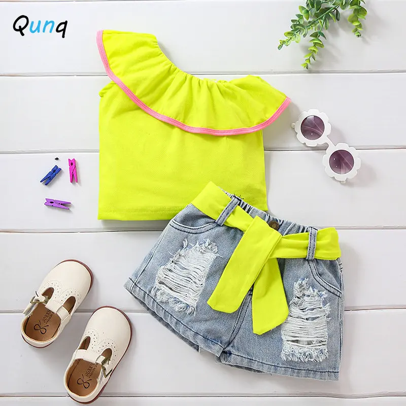 Qunq 2023 Summer New Girls Sloping Shoulders Sleeveless Top + Ripped Denim Shorts 2 Pieces Set Casual Kids Clothes Age 3T-8T