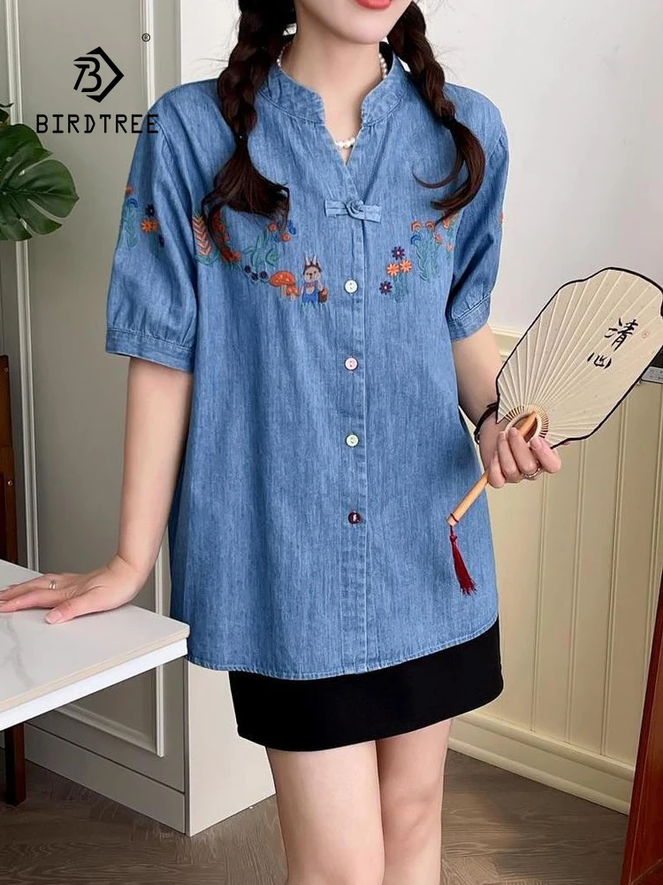 

New Spring Cotton Embroidery Denim Shirt Women V Neck Short Sleeve Sweet Top Girl Loose Commute Blouses 2024 Autumn T44704QC