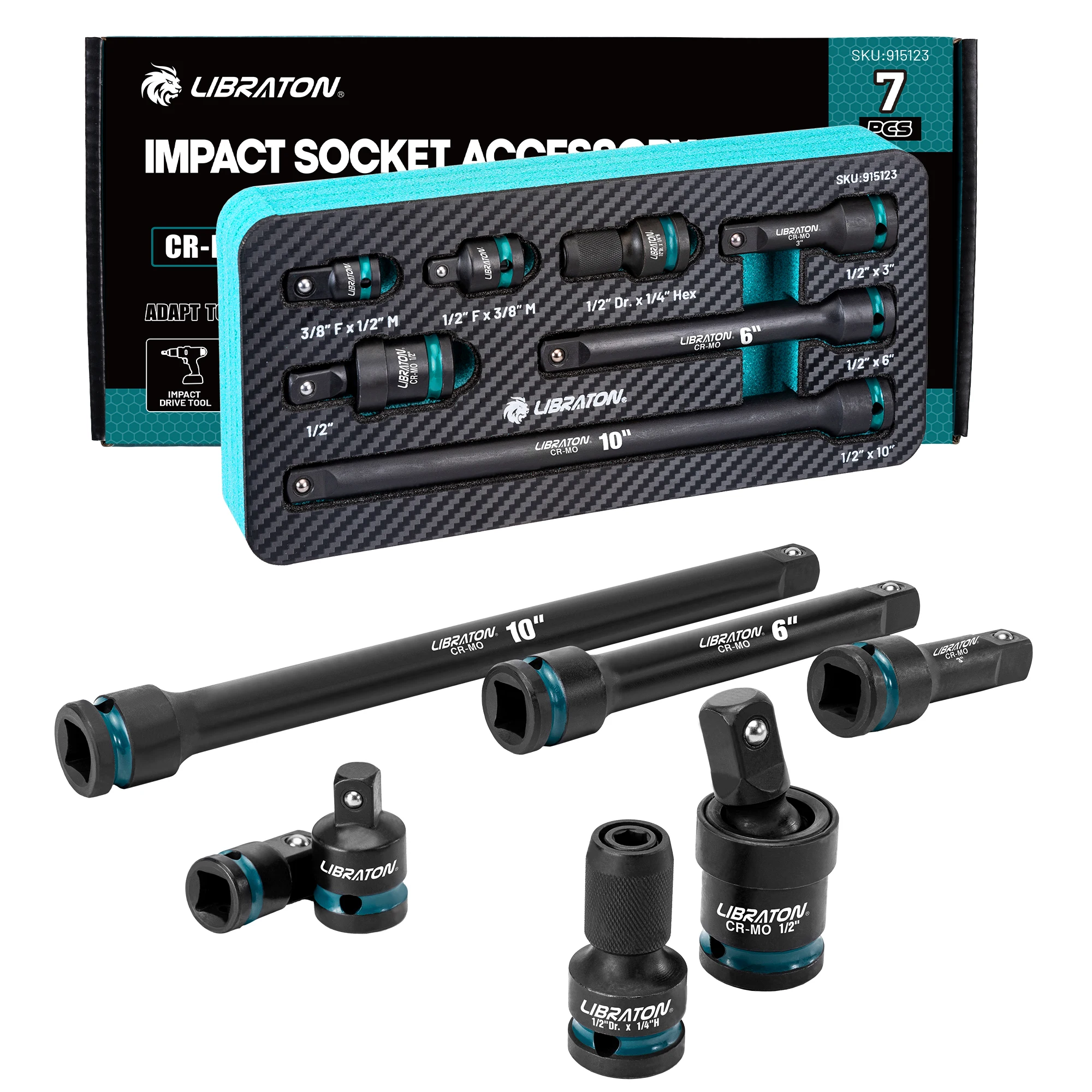 

LIBRATON 7PCS 1/2" Drive Impact Socket Adapter Set Include 3" 6" 10" Extension Swivel Socket Reducer 1/4 Hex Converter Hand Tool